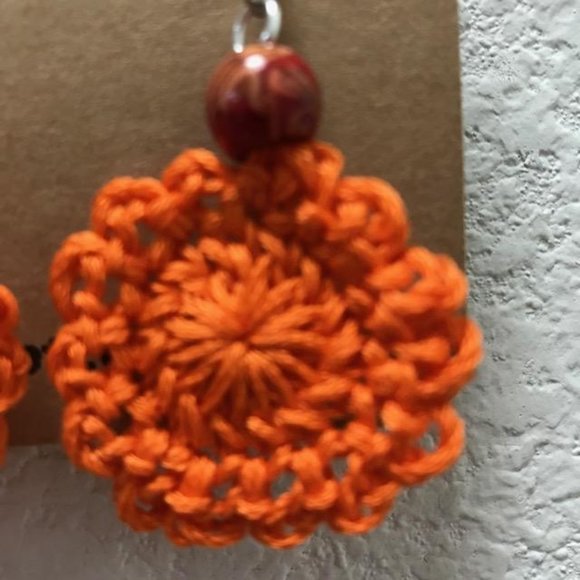 Handmade Crochet Boho Earrings Beaded Silver Cotton New Orange - Picture 3 of 3